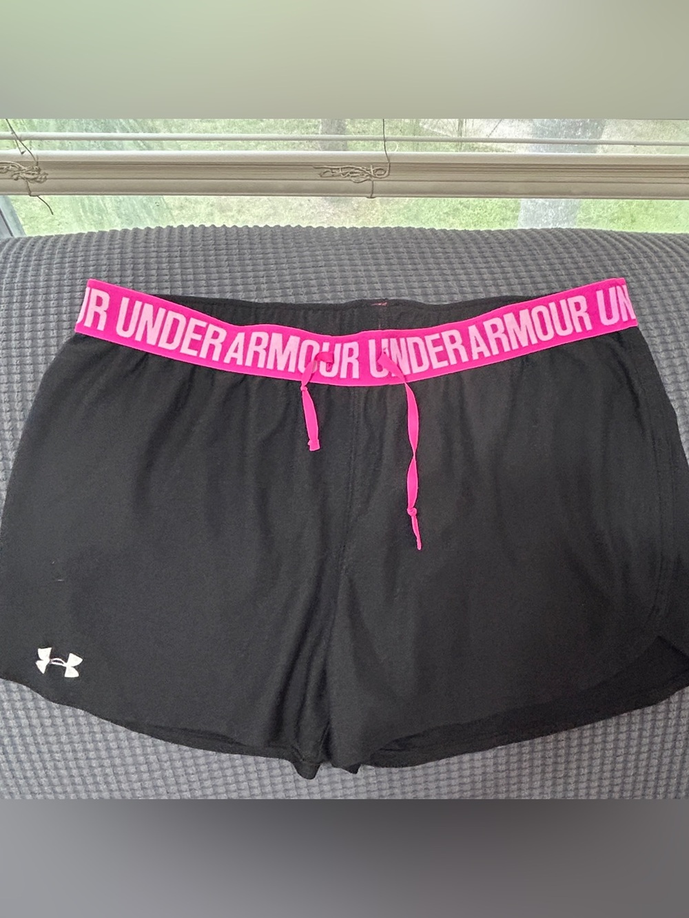 Under Armour Black Athletic Shorts with Hot Pink Logo Waistband